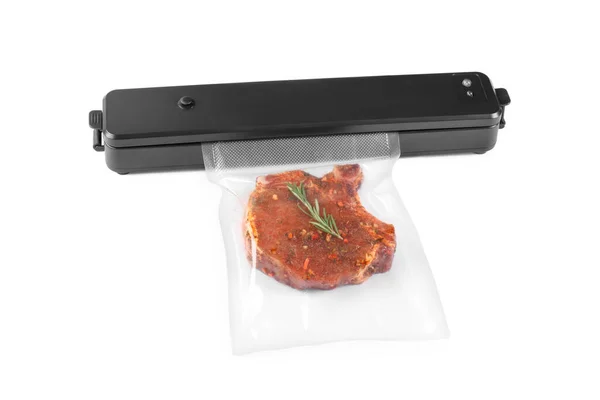 Sealer Voor Vacuüm Verpakking Plastic Zak Met Smakelijke Vlees Steak — Stockfoto