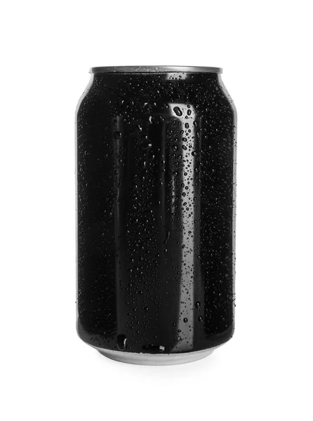 Černá Hliníková Plechovka Kapkami Vody Izolovanými Bílém Mockup Pro Design — Stock fotografie