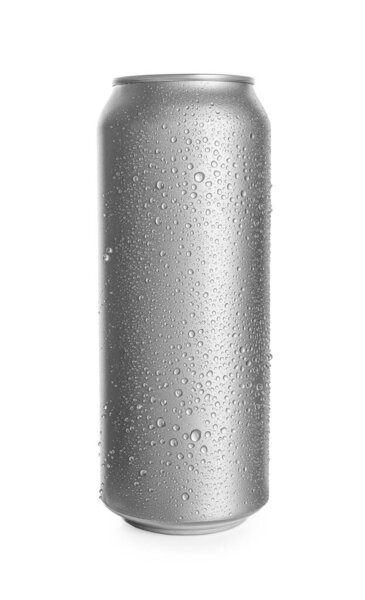 Gray aluminum can with water drops isolated on white. Mockup for design