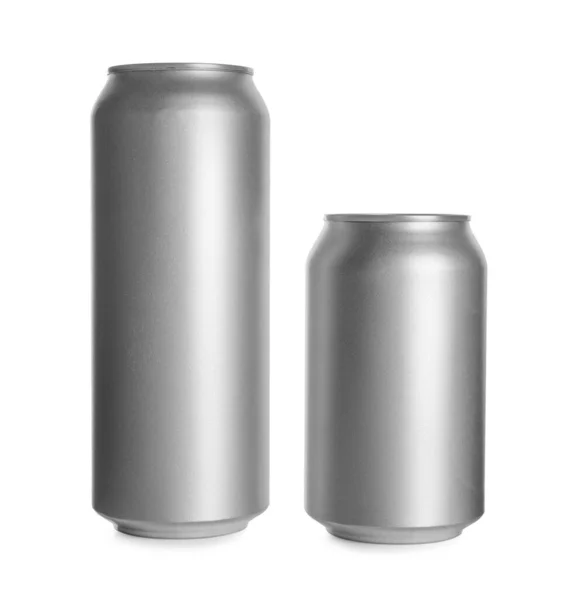 Graue Aluminiumdosen Auf Weißem Hintergrund Mockup Für Design — Stockfoto