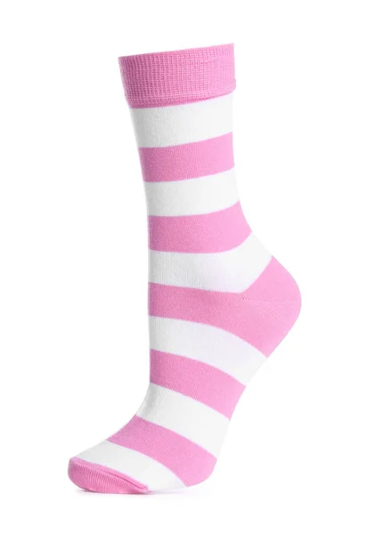 Jedna Růžová Pruhovaná Ponožka Izolovaná Bílém — Stock fotografie