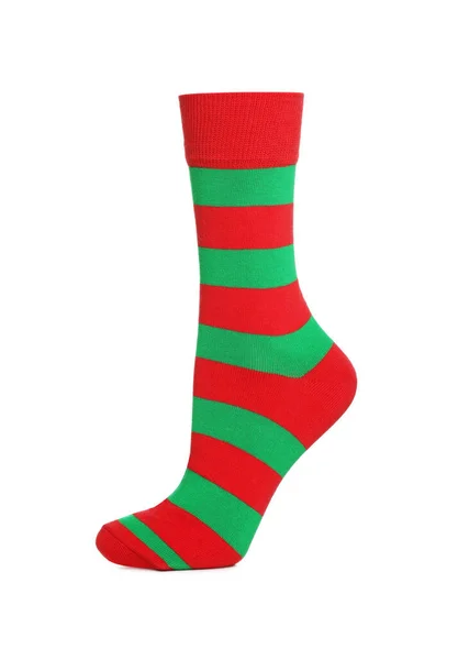 Jedna Červená Zelená Pruhovaná Ponožka Bílém Pozadí — Stock fotografie