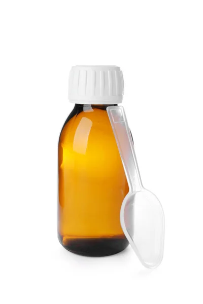 Flaska Sirap Med Plastsked Vit Bakgrund Hosta Och Kall Medicin — Stockfoto