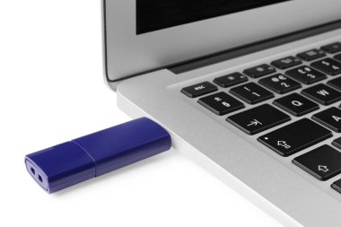 Beyaz arkaplandaki dizüstü bilgisayara bağlı Usb flash diski