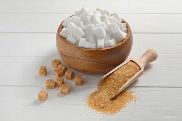 Verschiedene Zuckerarten Auf Weißem Holztisch — Stockfoto
