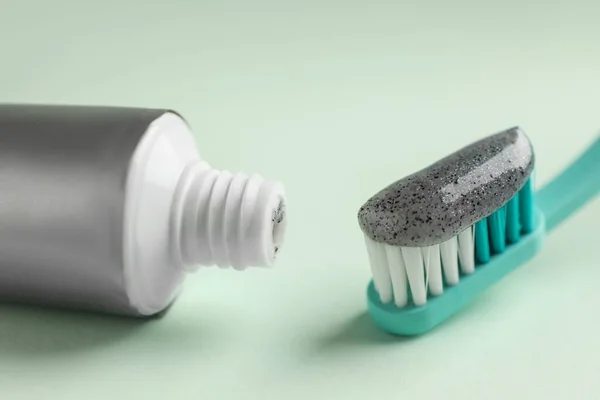 Brush Tube Charcoal Toothpaste White Background Closeup — Stock Photo, Image
