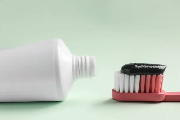 Brush Tube Charcoal Toothpaste White Background Closeup — Stock Photo, Image
