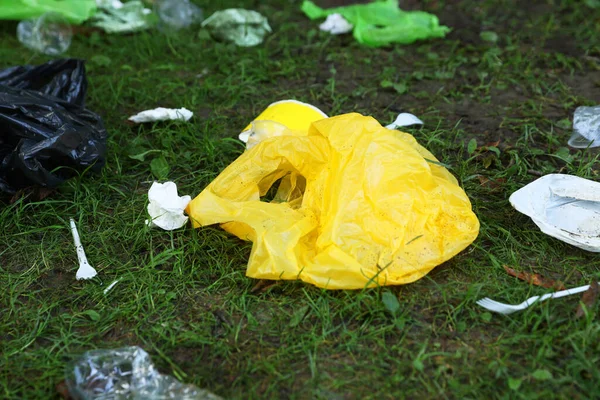 Different Garbage Scattered Green Grass Outdoors — Stock Photo, Image