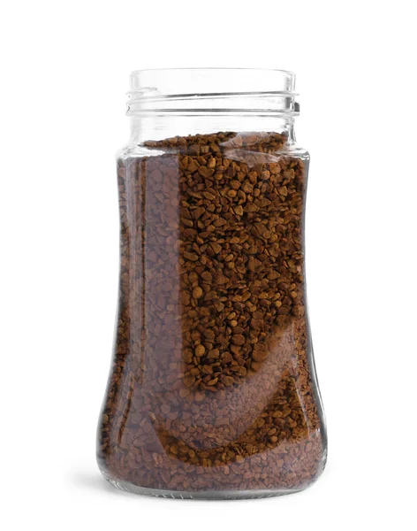 Beyaz üzerine izole edilmiş cam bir kavanoz hazır kahve.