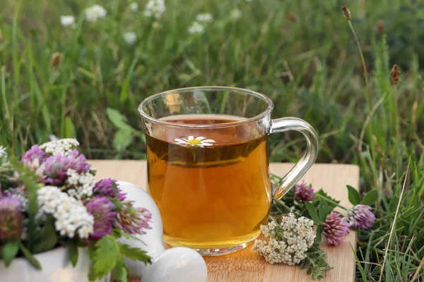 Cup Aromatic Herbal Tea Pestle Ceramic Mortar Different Wildflowers Green — Stock Photo, Image