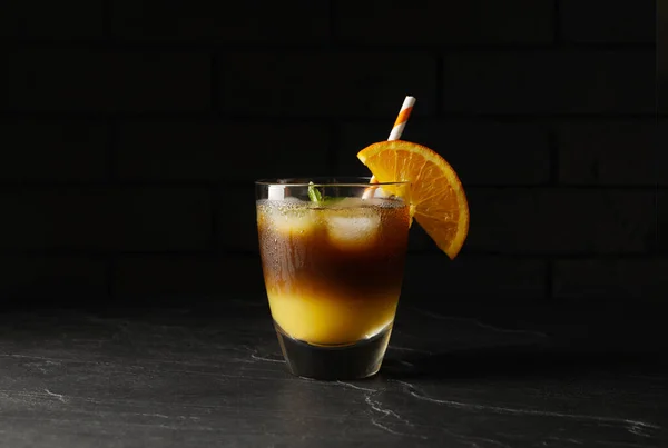 Tasty Refreshing Drink Coffee Orange Juice Grey Table Dark Background — Stockfoto