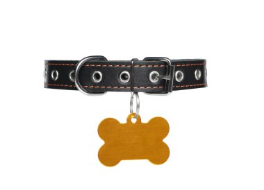 Black leather dog collar with bone shaped tag isolated on white clipart