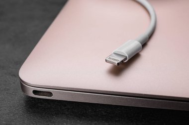 Siyah masada ışık konnektörü ve laptop olan USB kablosu, yakın plan