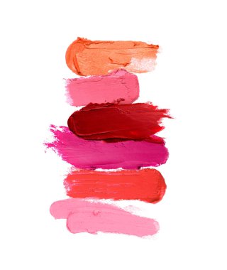 Beyaz arka planda farklı ruj lekeleri. Kozmetik ürünü