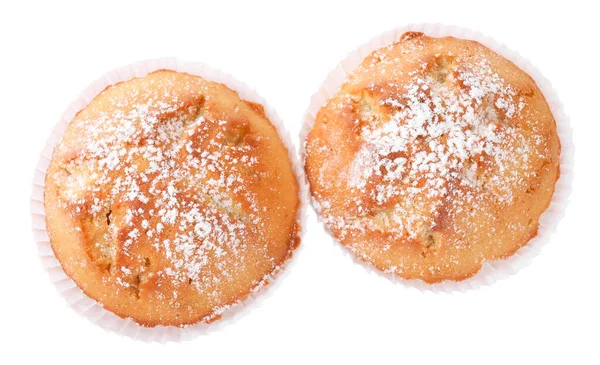 Muffins Savoureux Poudre Avec Sucre Sur Fond Blanc Vue Dessus — Photo