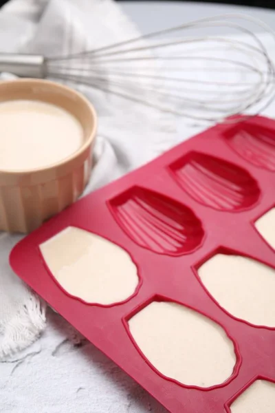 Baking Mold Madeleine Cookies Batter White Table Closeup — Stock Photo, Image