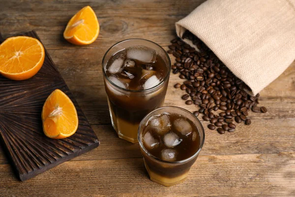 Lekker Verfrissend Drankje Met Koffie Sinaasappelsap Houten Tafel — Stockfoto
