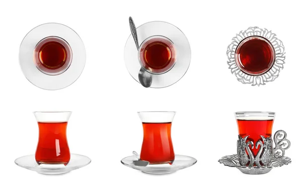 Комплект Бокалами Традиционного Турецкого Чая Белом Фоне Разработка Баннеров Баннерный — стоковое фото
