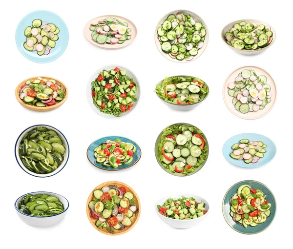 Set Van Heerlijke Salade Met Komkommers Verschillende Ingrediënten Witte Achtergrond — Stockfoto