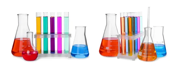 Set Diferentes Cristalería Laboratorio Con Líquidos Colores Sobre Fondo Blanco — Foto de Stock