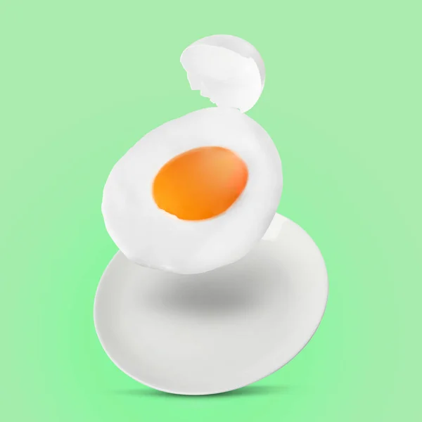 色の背景に皿に落ちるシェルとおいしいフライドチキンの卵 — ストック写真