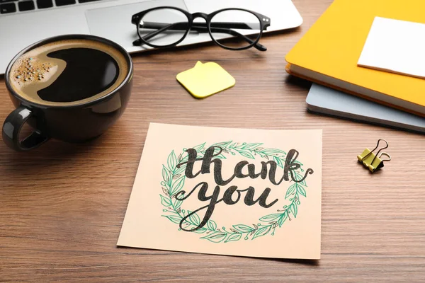 Card Phrase Thank You Laptop Glasses Notebooks Wooden Table — Stock Photo, Image