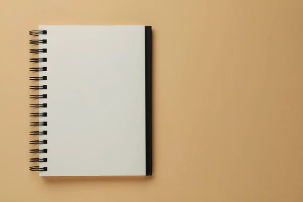Blank Notebook Beige Background Top View Space Text — Stok fotoğraf