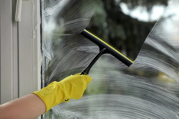 Woman Cleaning Glass Squeegee Indoors Closeup — Photo