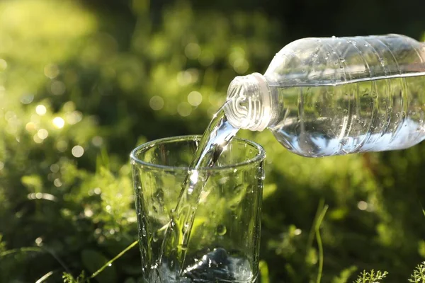 Het Gieten Van Vers Water Uit Fles Glas Groen Gras — Stockfoto