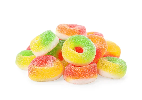 Stapel Smakelijke Kleurrijke Gelei Snoepjes Witte Achtergrond — Stockfoto
