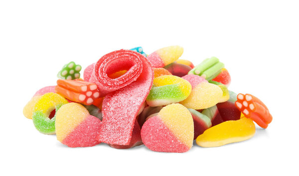 Pile of different jelly candies on white background