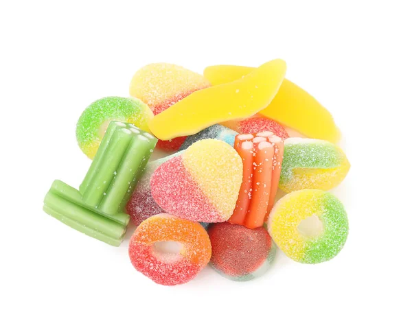 Stapel Smakelijke Kleurrijke Gelei Snoepjes Witte Achtergrond Bovenaanzicht — Stockfoto