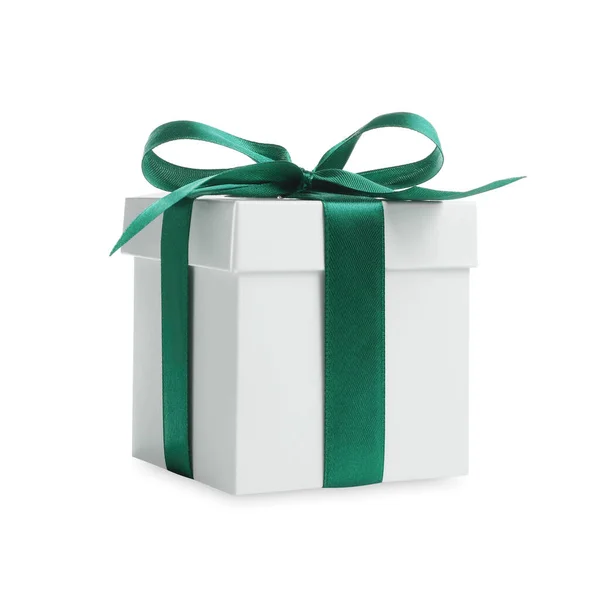 Χριστουγεννιάτικο Δώρο Κουτί Πράσινη Κορδέλα Λευκό Φόντο — Φωτογραφία Αρχείου