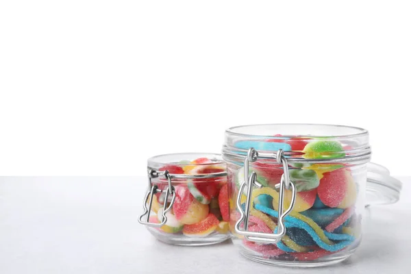 Tasty Jelly Candies Jars Light Grey Table — Stock Photo, Image