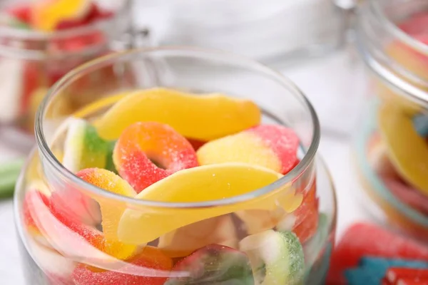 Tasty Jelly Candies Jars Table Closeup — Stock Photo, Image