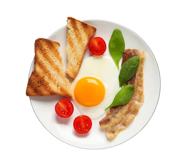 Вкусный Завтрак Жареным Яйцом Хлебом Беконом Изолированный Белом Вид Сверху — стоковое фото