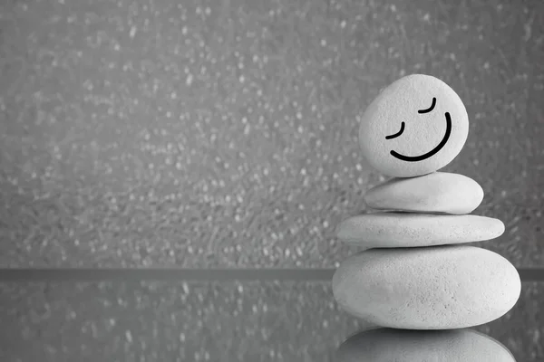 Stack Stones Drawn Happy Face Grey Background Space Text Zen — Stock Photo, Image