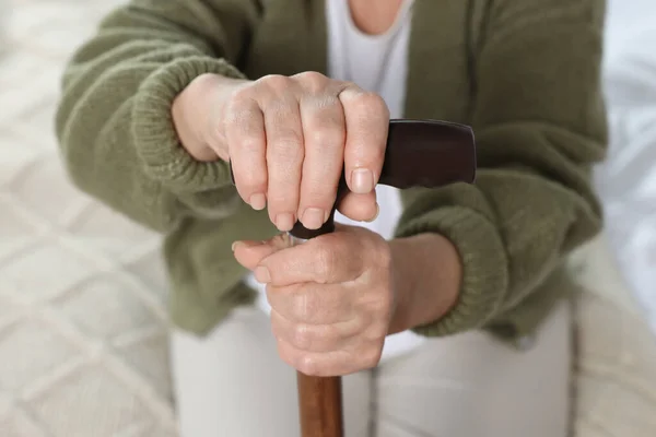 Elderly Woman Walking Cane Indoors Closeup Home Care Service — Stock Photo, Image
