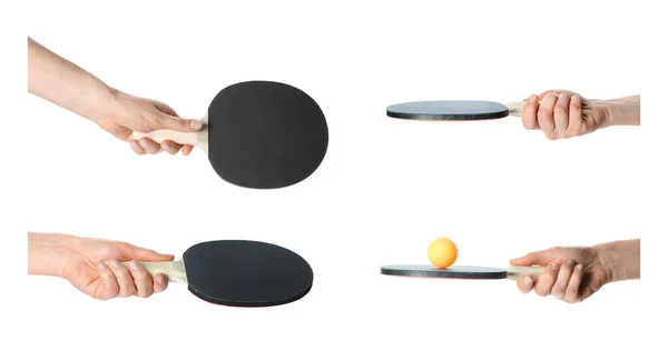 Collage Photos Women Holding Ping Pong Rackets Balls White Background — Stock Photo, Image