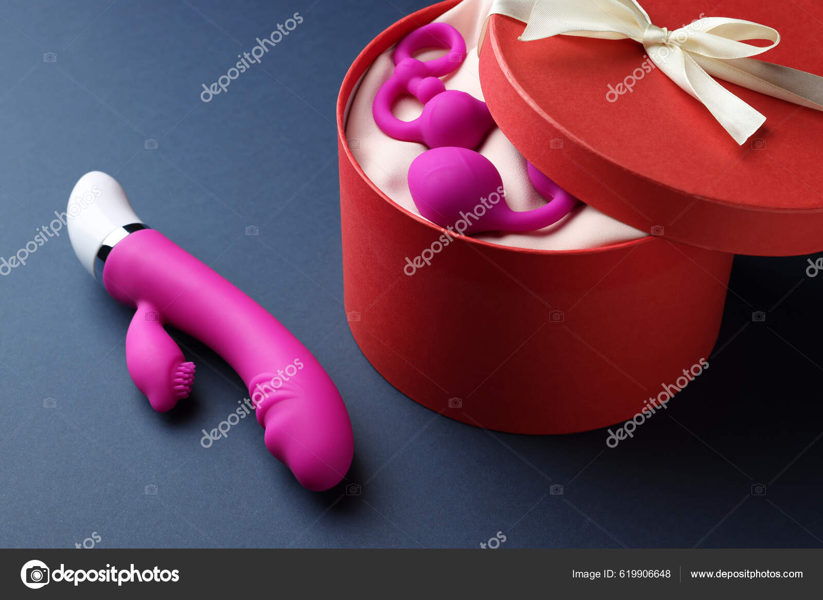 Pink Sex Toys Gift Box Dark Blue Background — Stock Photo © NewAfrica  #619906648