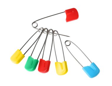 New colorful safety pins on white background clipart