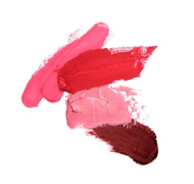 Beyaz arka planda farklı ruj lekeleri. Kozmetik ürünü