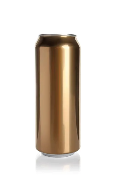 Gyllene Aluminiumburk Med Dryck Isolerad Vitt — Stockfoto