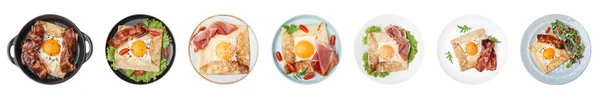Комплект Вкусными Блинами Яйцами Белом Фоне Вид Сверху Бретонская Галерея — стоковое фото