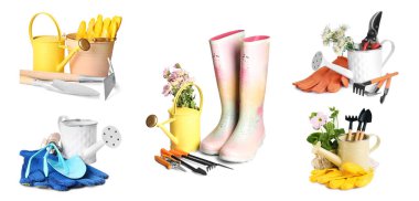 Sulama tenekeleri ve beyaz arka planda farklı bahçe aletleri ile ayarlanmış. Pankart tasarımı