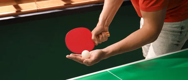 Man Playing Ping Pong Indoors Closeup View Banner Design — Stock Photo, Image