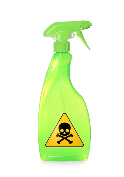 Butelka Toksycznych Chemikaliów Dla Gospodarstw Domowych Znakiem Ostrzegawczym Białym Tle — Zdjęcie stockowe