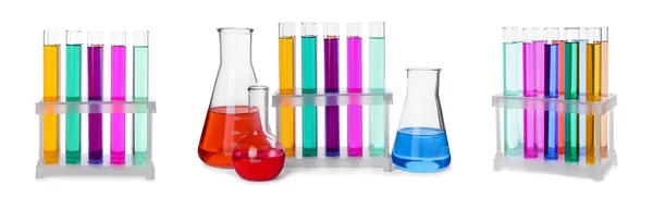 白い背景にカラフルな液体を持つさまざまな実験室用ガラス製品のセット バナーデザイン — ストック写真