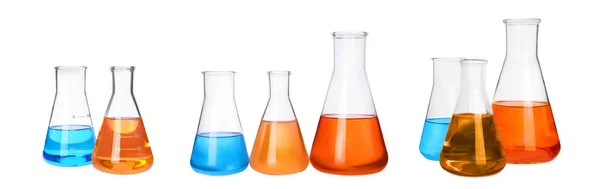 Набір Різних Лабораторних Скляних Посуду Барвистими Рідинами Білому Тлі Дизайн — стокове фото
