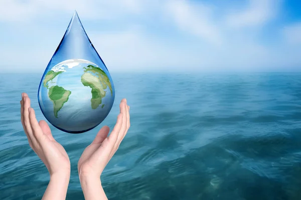 Woman Holding Icon Earth Drop Ocean Closeup Space Text Water — Stock Photo, Image